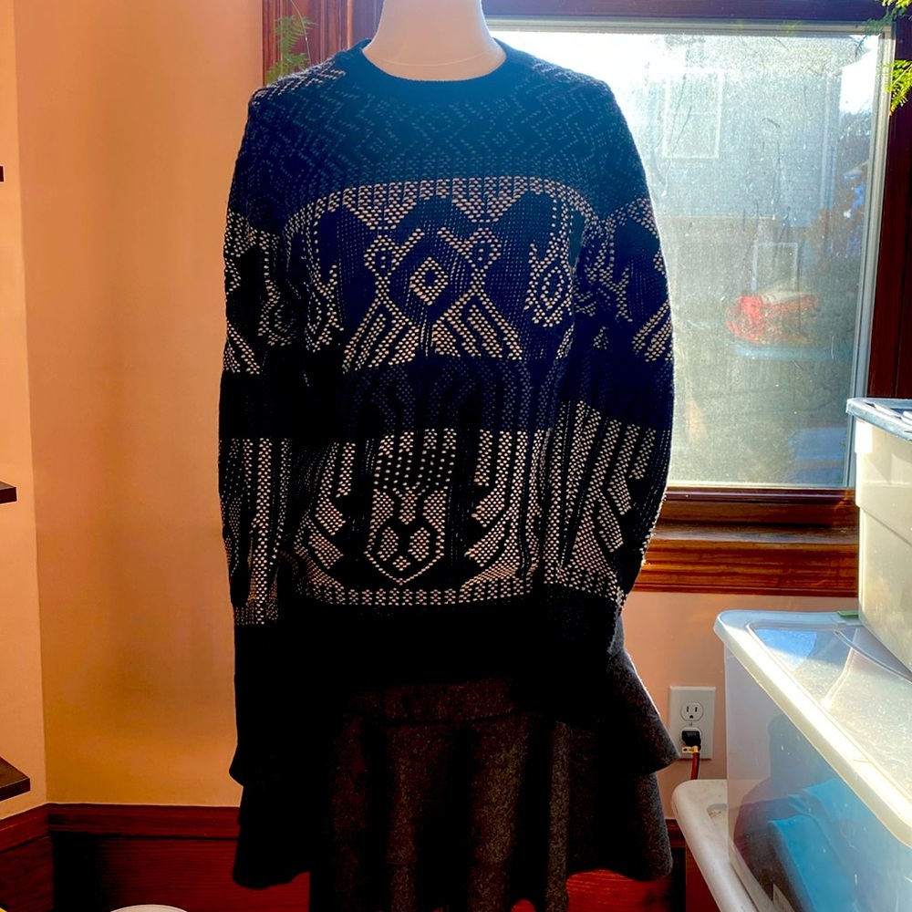 Medium J. Crew Sweater. 74% cotton 26% wool. Worn 2*. Black w/ geometric pattern